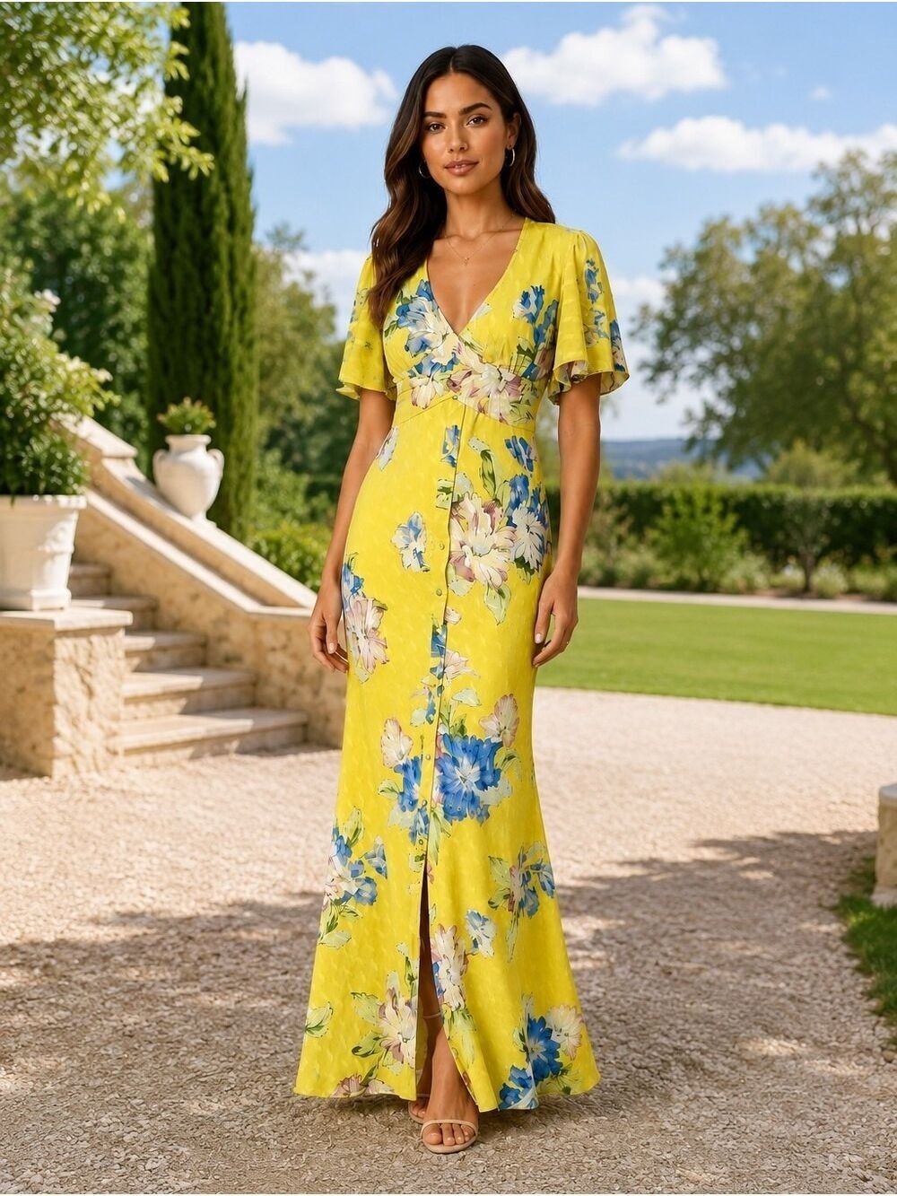 ASOS CHARTREUSE FLORAL V-NECK BACKLESS CROSS CHEST FITTED MAXI DRESS NWOT SIZE 2